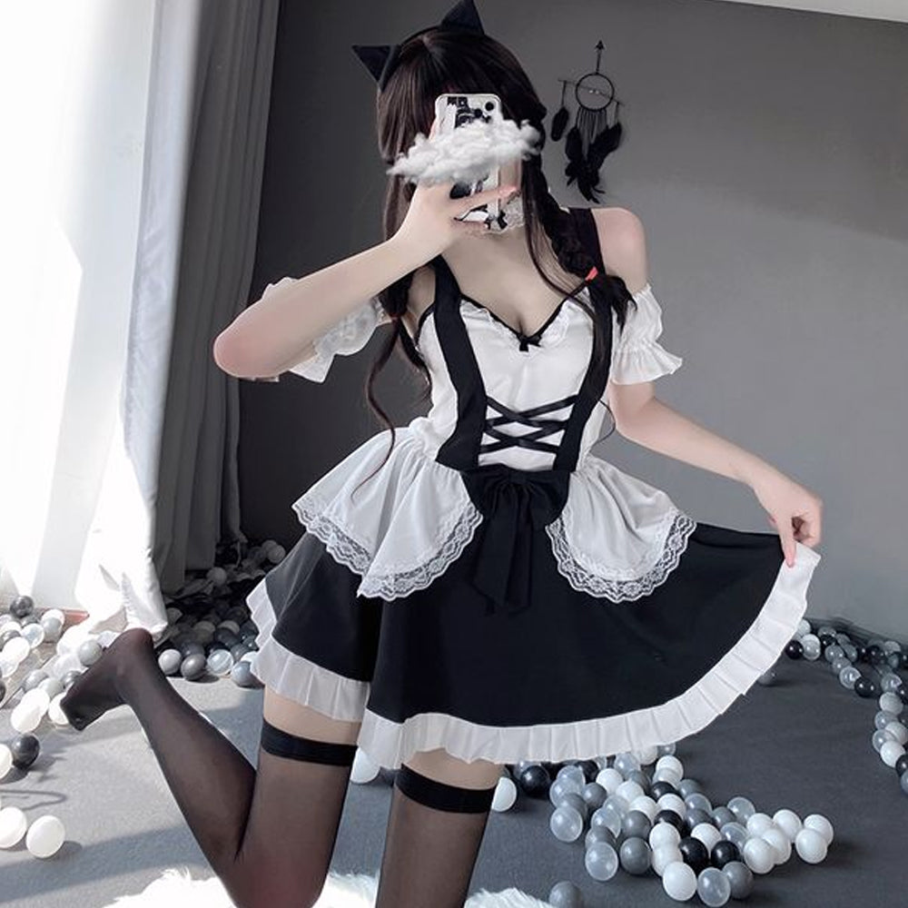 cosfun Maid Anime Dress Black and White Apron Dress Lolita Dress