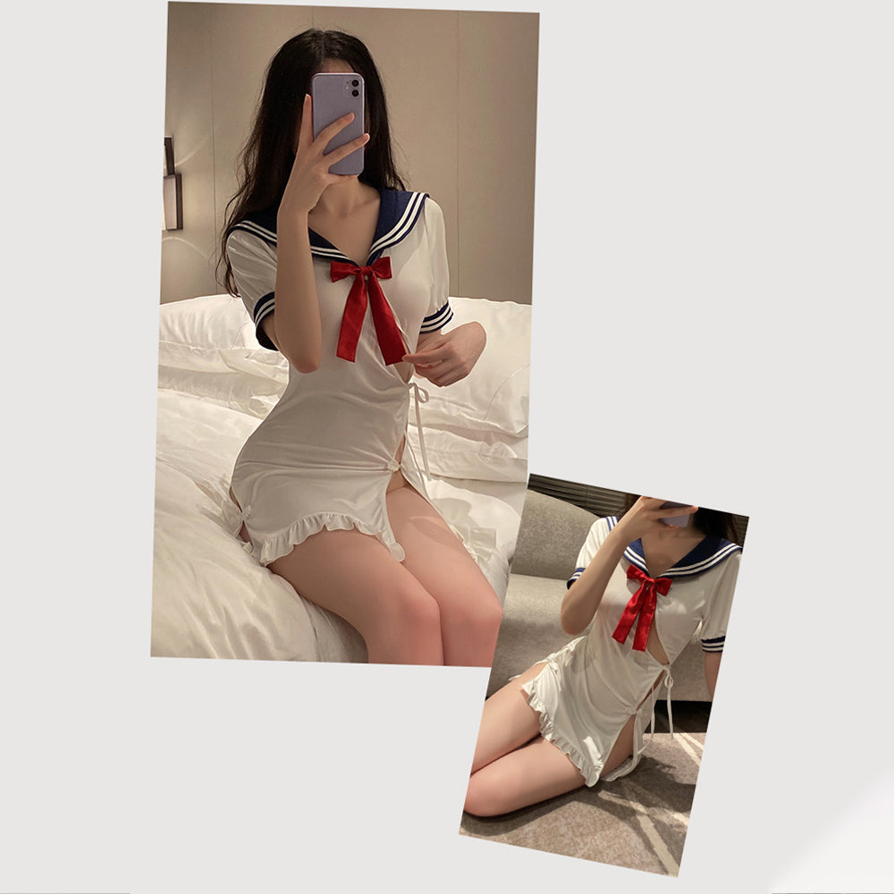 Naughty School Girl Cosplay Lingerie Dress Sailor Neck Anime Costume High Slit Schoolgirl Outfit