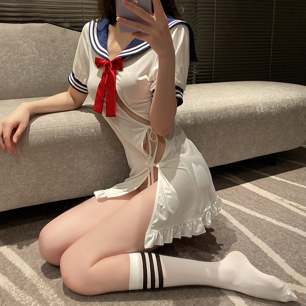 Naughty School Girl Cosplay Lingerie Dress Sailor Neck Anime Costume High Slit Schoolgirl Outfit