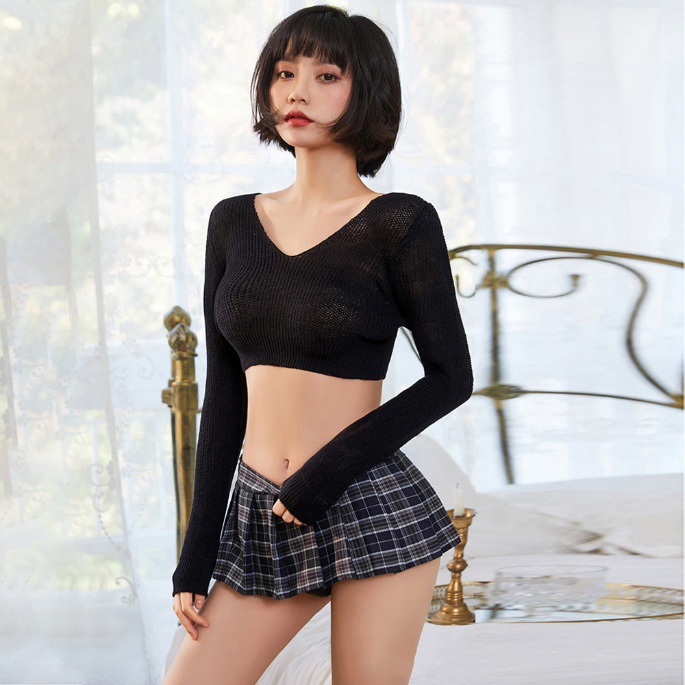 Naughty Schoolgirl Outfit Set 2 Piece Long Sleeve Ribbed Knit Crop Top –  YOMORIO