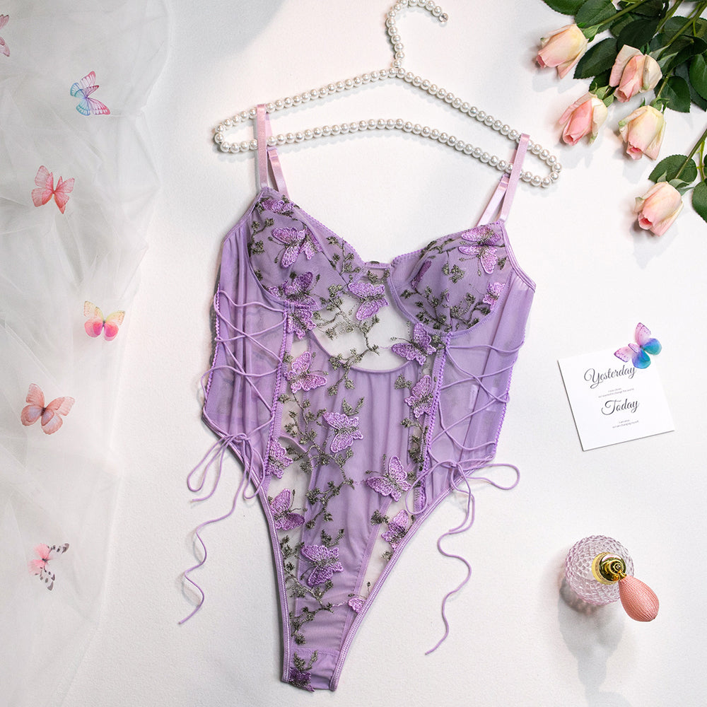 Plus Size Sexy Lingerie Bodysuit for Women Lace Up Floral Embroidered Teddy Lingerie Mesh Sheer One Piece Tops Lingerie