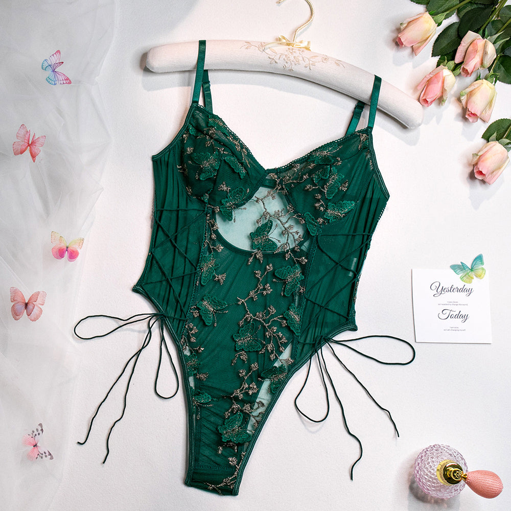 Plus Size Sexy Lingerie Bodysuit for Women Lace Up Floral Embroidered Teddy Lingerie Mesh Sheer One Piece Tops Lingerie