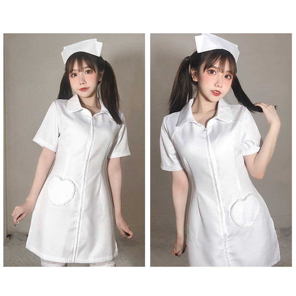 Yomorio Plus Size Nurse Cosplay Costume White Zip Front Nurse Dress Un