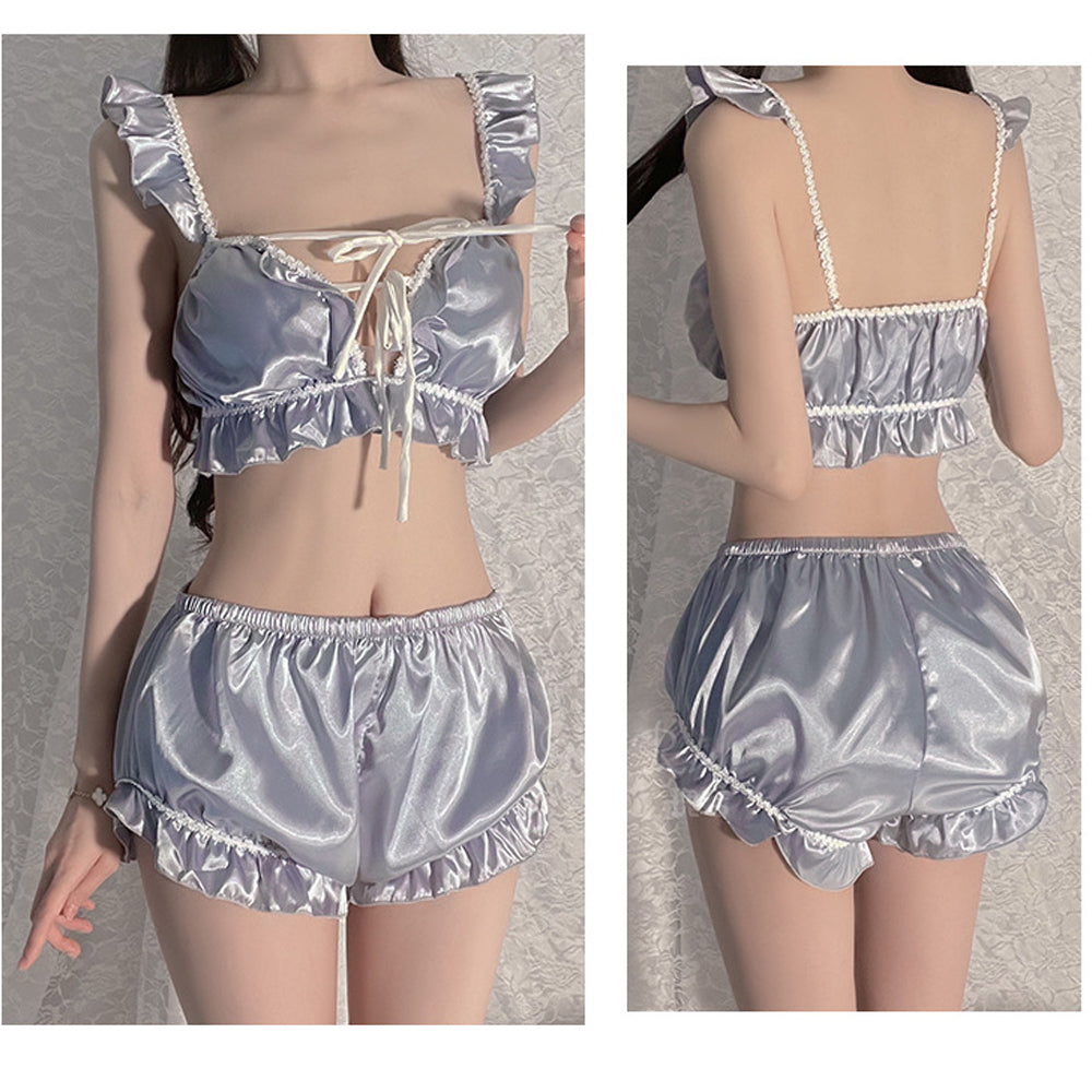 Yomorio Satin Sleepwear - Elegant V-Neck Crop Top and Pumpkin Shorts