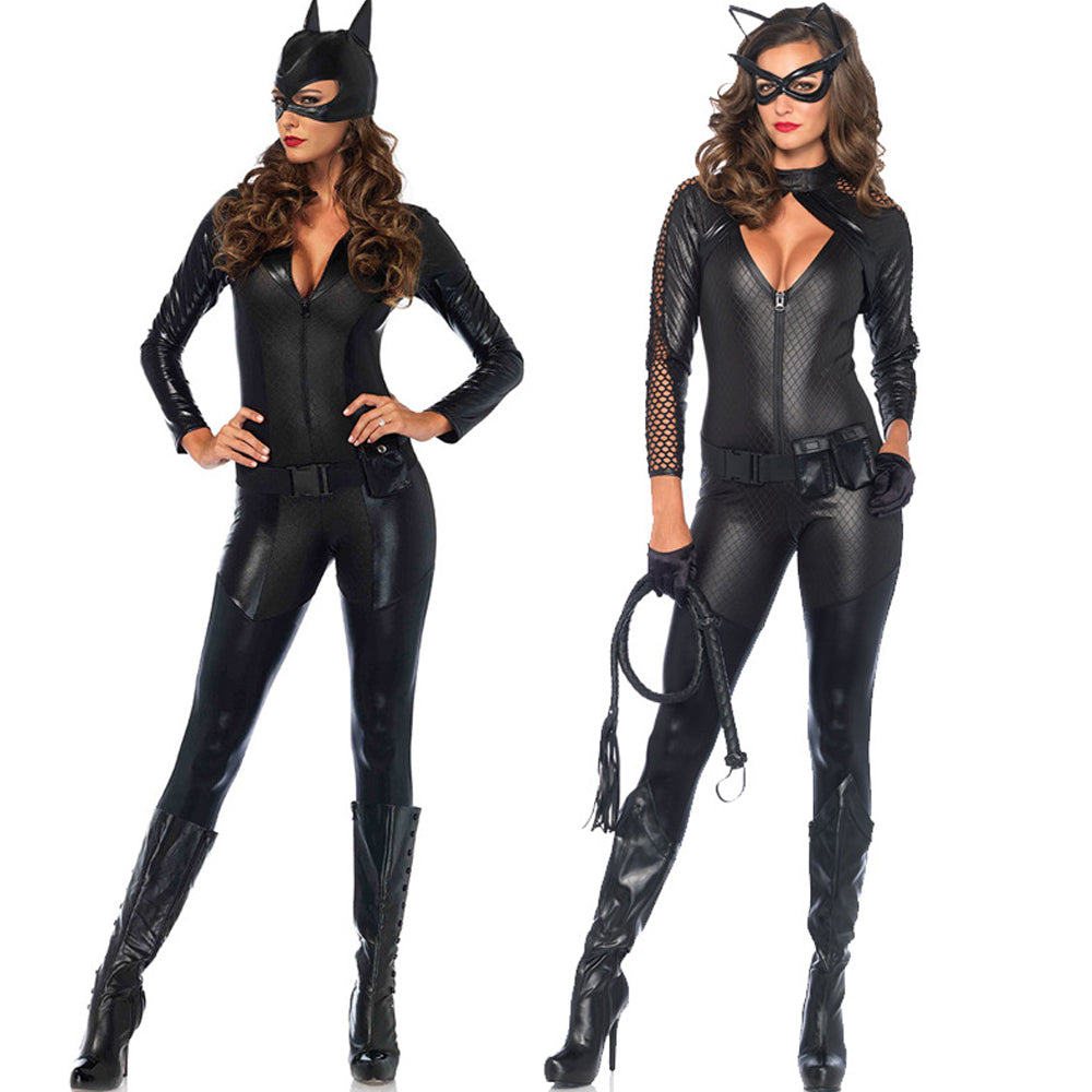 Adult Catwoman Outfit Black Batwoman Costume Wet Look Chest Cut