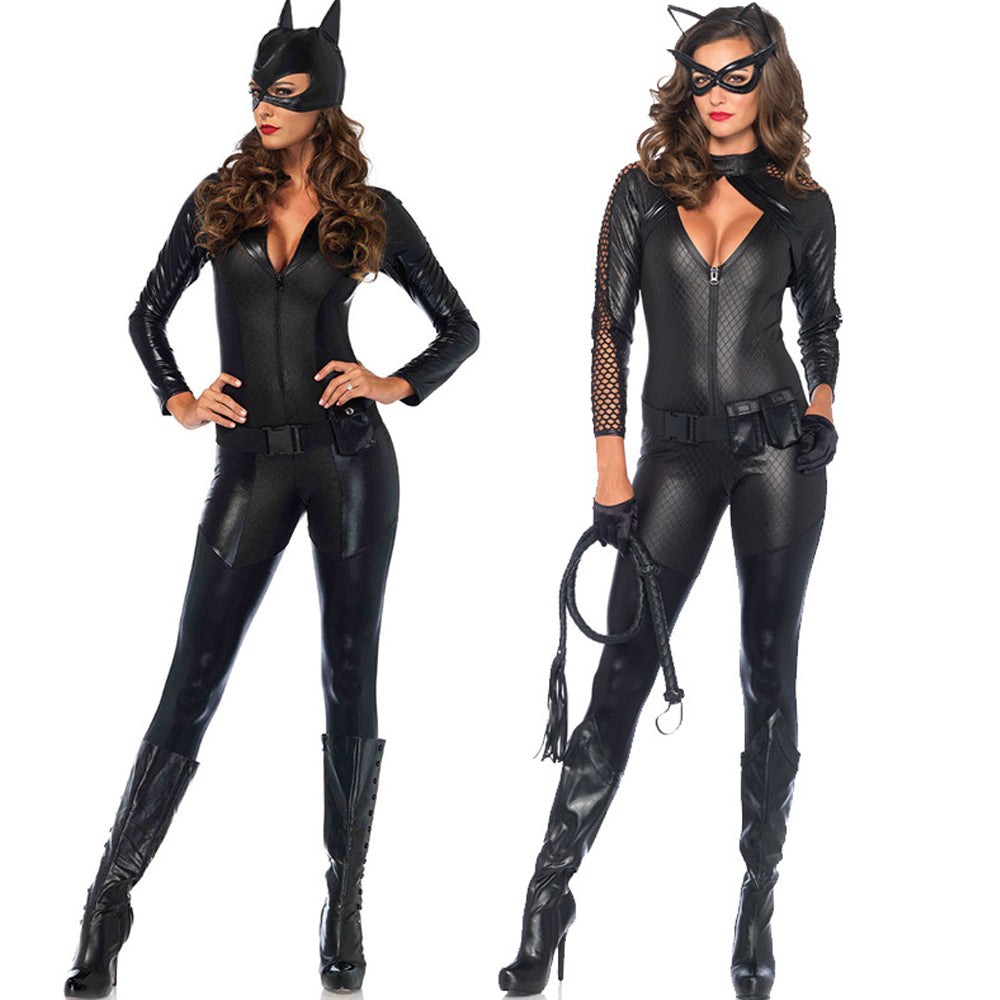 Adult Catwoman Outfit Black Batwoman Costume Wet Look Chest Cut Out Ju –  YOMORIO