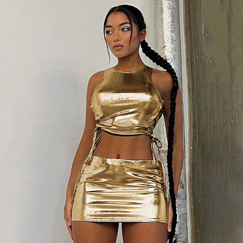 Sexy Shiny Metallic Crop Top and Vest Short Skirt Two Piece Rave Outfi –  YOMORIO