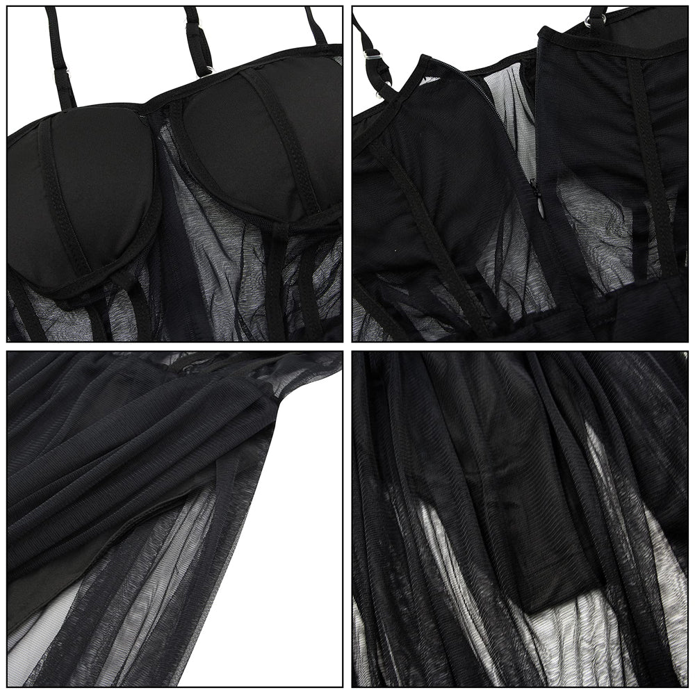 Sexy Sheer Dress See Through Corset Dress Spaghetti Straps High Slit Maxi Dress