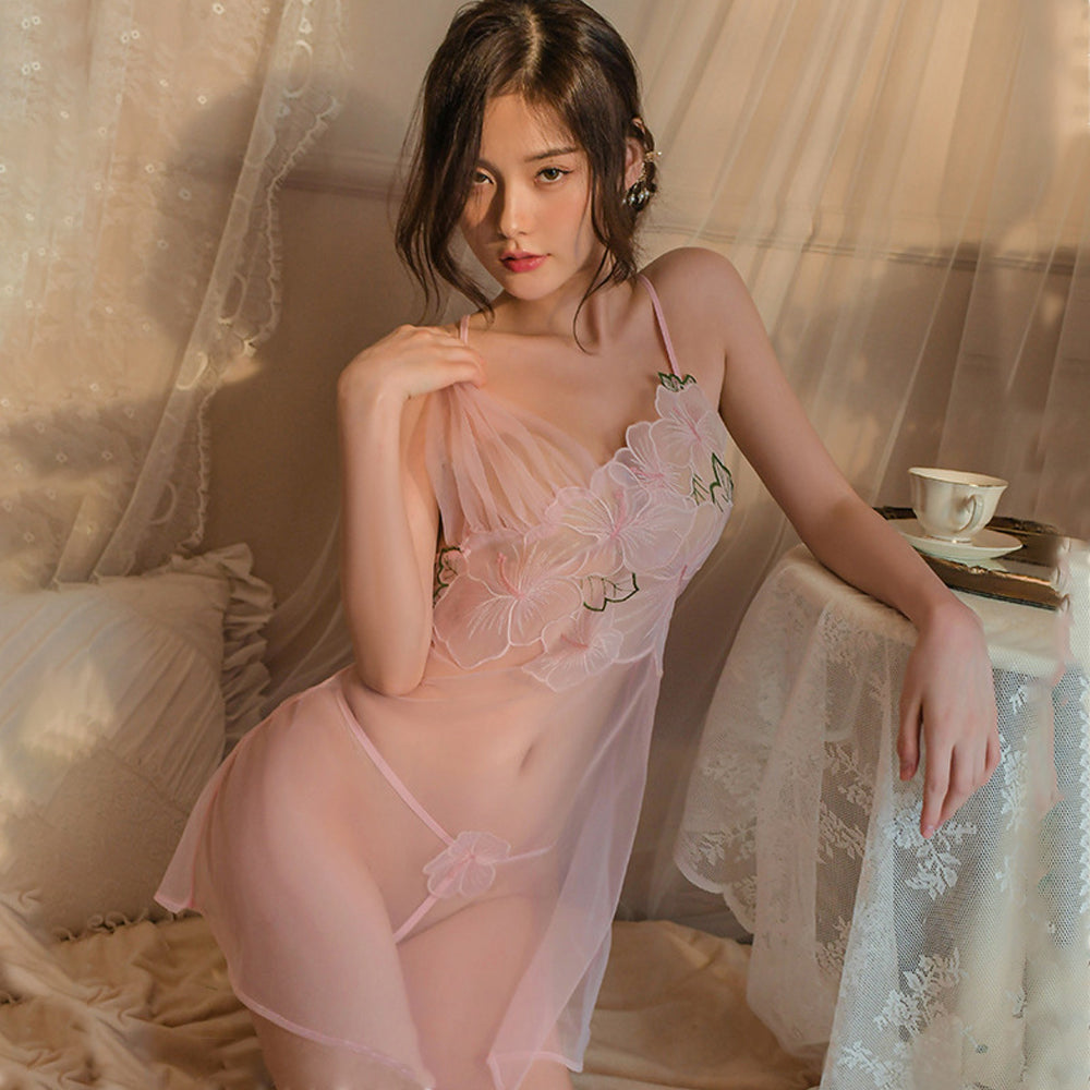 Yomorio Pink Mesh Lingerie Gown | Floral Sleepwear Set
