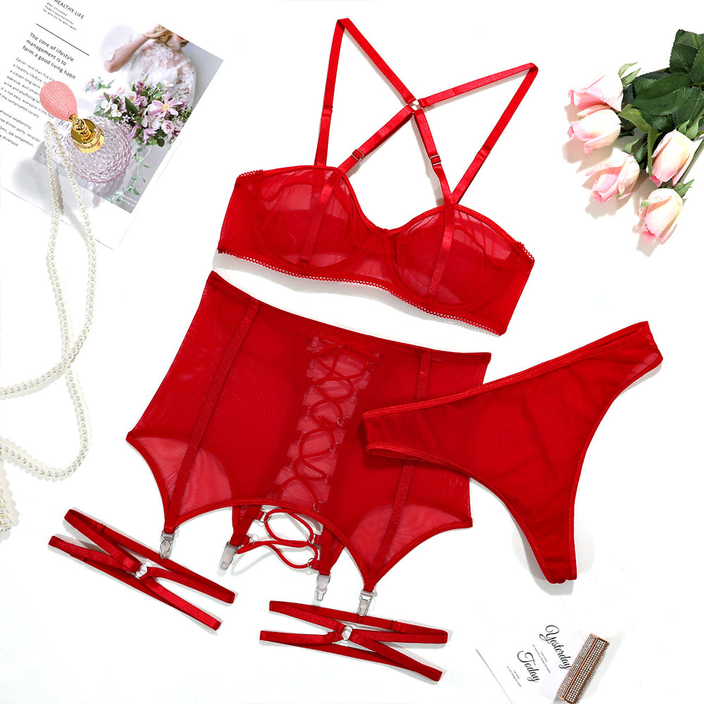 Criss cross lace bowknot bra and panty lingerie set for valentines - ™MOYI  Clothing