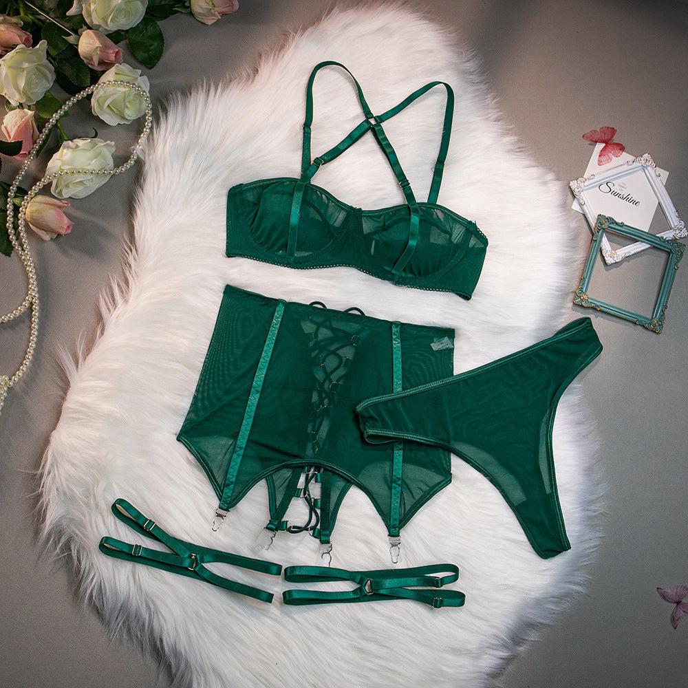  Garter Belt Thong Lingerie For Women,Strappy Hollow Out Sexy  Lingerie,Underwire Mesh Sheer Matching 4 Piece Lingerie Set St Patricks Day  Valentine Day Plus Size Green Velvet 2X-Large