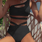 Solid Bathing Suit One Shoulder Cut Out Bikini Top and High Waisted Bathing Bottom