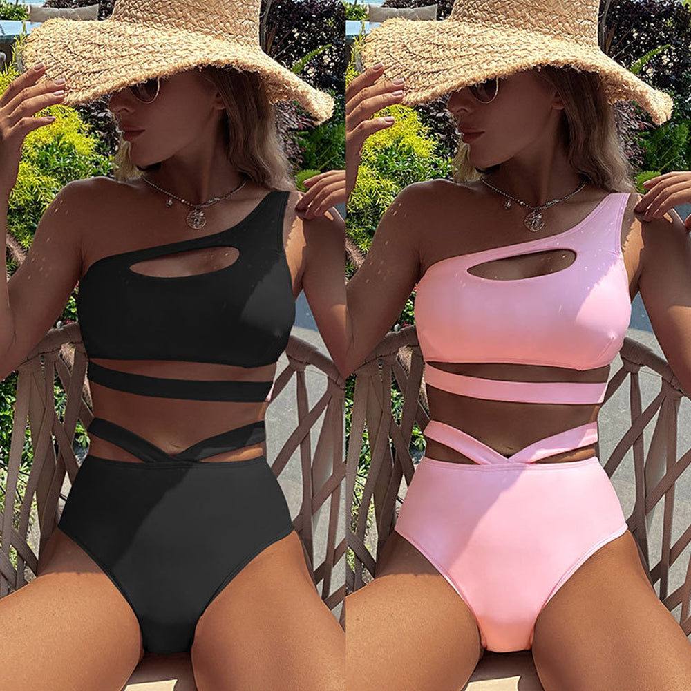 Solid Bathing Suit One Shoulder Cut Out Bikini Top and High Waisted Ba –  YOMORIO