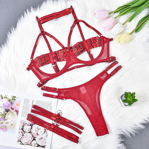 Yomorio Open Cup Bra Set | Strappy Mesh Lingerie in Various Colors ...