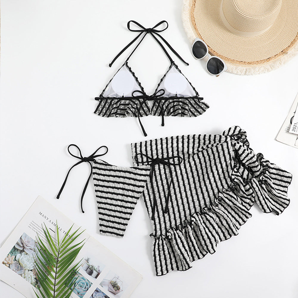 Yomorio Women's 3 Piece Bikini Set Black Strappy Swimsuit with Sheer Mesh  Skirt Cover Ups
