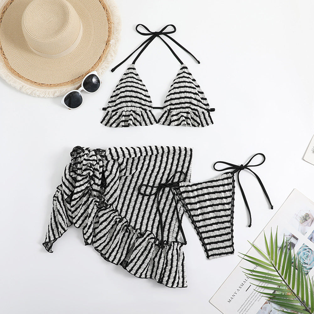 Yomorio Women's 3 Piece Bikini Set Black Strappy Swimsuit with Sheer Mesh Skirt Cover Ups, Black / S