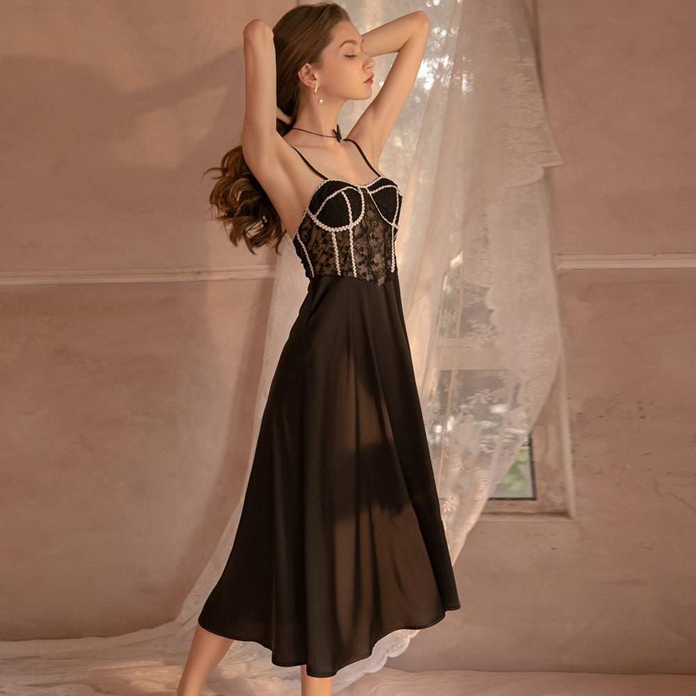 Yomorio Satin Babydoll Dress Padded Cup Lace Nightgown for Women